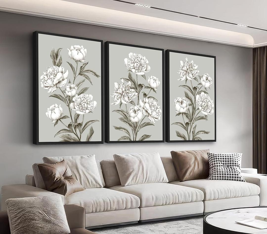 Large Framed Floral Wall Art, Elegant Blossom Plants Wall Pictures 16"x24" Set of 3 Light Grey Botanical Painting Prints Botany Peony Canvas Artwork for Living Room Bedroom Home Office Decor (neutral)