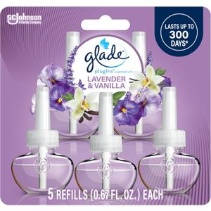 Glade PlugIns Refills Air Freshener, Scented and Essential Oils for Home and Bathroom, Lavender & Vanilla, 3.35 Fl Oz, 5 Count
