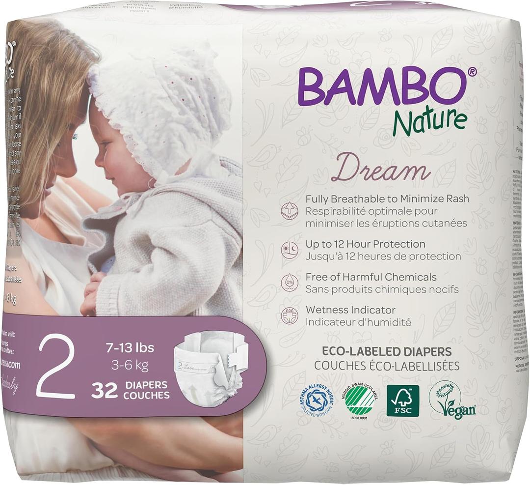 Bambo Nature Premium Eco-Friendly Baby Diapers, Size 2 (7-13 Lbs), 32 Count