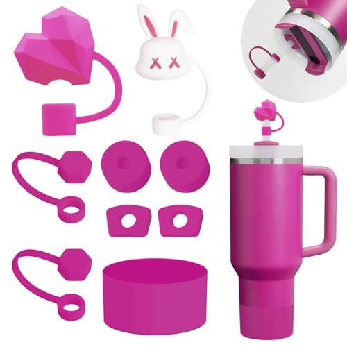 Stanley Cup Accessories Set Including 6 Pcs Silicone Spill Proof Stopper, 2 Pcs Straw Cover Cap for 9-10 mm Straws, 1 Pcs Silicone Boot for Stanley Cup Stanley 40oz & 30oz Tumbler (Fuchsia)