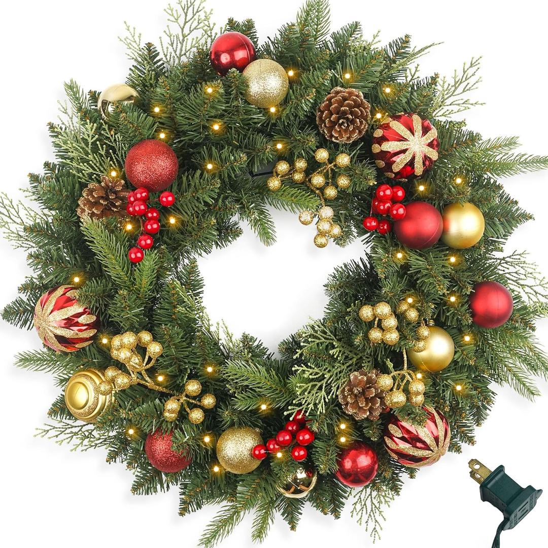 Christmas Wreath Pre-lit 24 inch with 50 Light & Red Gold Ball Pine Cone, Artificial Christmas Wreaths for Front Door with Lights, Wreath for Christmas Decoration Door Windows Wall Green