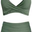 Amy Babe Women's High Waisted Bikini Sets Push Up Twist Front Spaghetti Straps Ruched Two Piece Swimsuit Bathing Suit, Medium, Olive