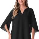 Allegra K Women's 3/4 Sleeve V Neck Chiffon Flowy Mesh Shirt Casual Loose Work Tunic Blouse Top (Black, S)
