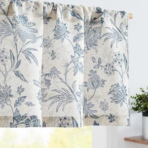 Vangao Linen Valance Curtain Farmhouse Cottage Floral Small Window Curtain Light Filtering for Kitchen Rustic Valance for Living Room Bedroom Rod Pocket 1 Panel Blue on Beige (50"W x 18"L (Pack of 1))