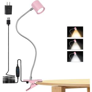 Reading Light, 3 Modes & 10 Brightness Clip on Light, Desk Lamp, Eye Caring Reading Lights for Books in Bed, 360Gooseneck Clamp Light, Clip on Light for Bed Headboard, Book Light With Memory Function (Pink)
