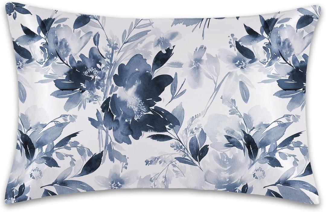 1 Pack Satin Pillowcase for Hair and Skin Watercolor Flowers Blue Floral Imitation Silk Pillowcase 20" x 26" with Hidden Zipper Soft Smooth Cooling Pillow Cover Standard Size for Bedroom Sofa