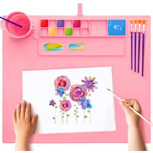 Silicone Painting Mat, 20"16" Craft Art Mat with Cup and Lid,Non Stick Silicone Sheet for Resin, DIY, Clay, Play Doh, Pink