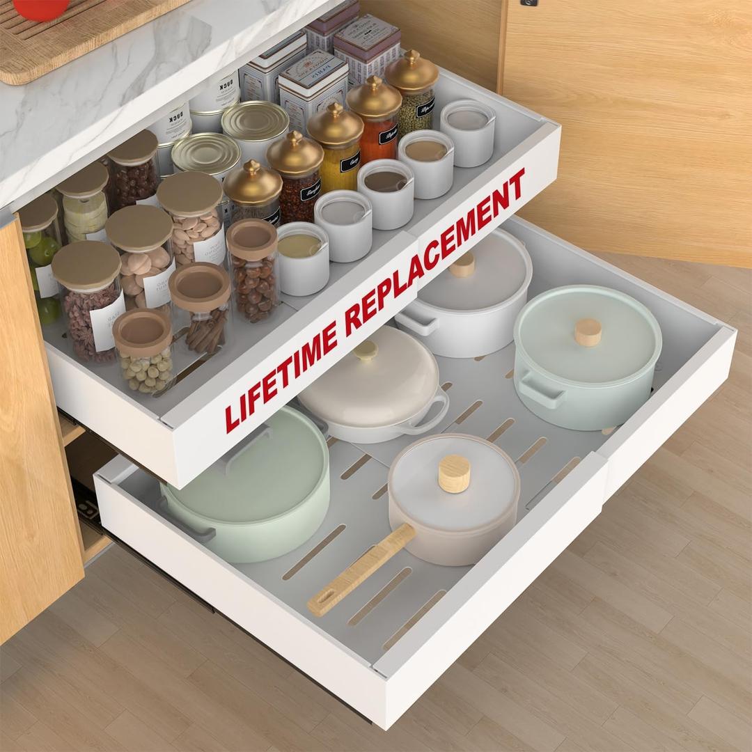 ANTOWIN 2-Pack Expandable Pull Out Cabinet Organizer 21"Deep(12.2"-20.5"W), 3 Full Extension Glides Slide Out Drawers, Roll Out Shelves Adhesive Raising Pad,Compatible Framed Cabinets,90lb Cap,White