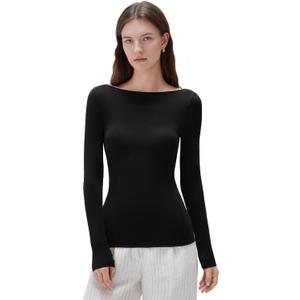 SUUKSESS Cloud Cashmere Women Boat Neck Fitted Long Sleeve Shirt Basic Knit Tops (Black, L)