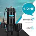 LEO 1/2 HP Sewage/Effluent Pump, 6000 GPH Submersible Basement Sewer Pump with 10ft Auto Float Switch, Cast Iron Sump Ejector, 2'' NPT for Sewage Basin, 115V