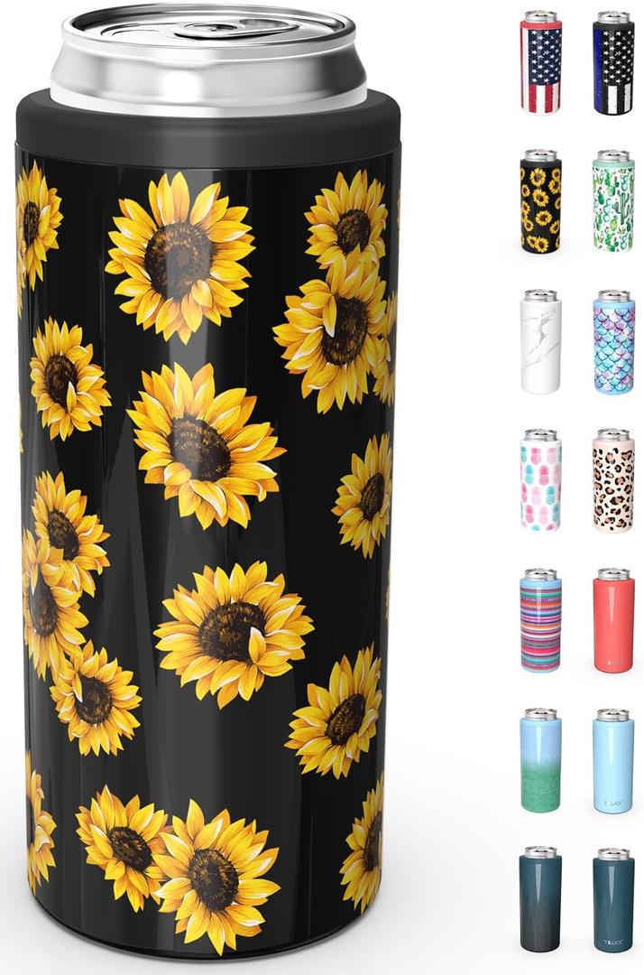 TILUCK Skinny Can Cooler for Slim Beer & Hard Seltzer, Stainless Steel, Doucle-Walled Stainless Steel Insulated Slim Cans, Standard 12 oz (Sunflower)