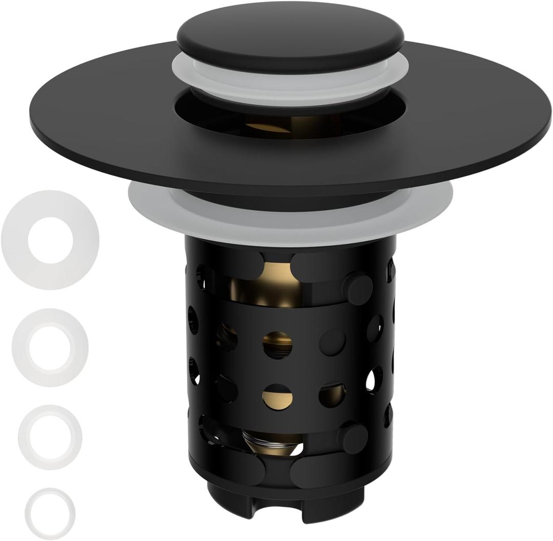 Universal Bathroom Sink Stopper Hair Catcher Upgraded with 2-Layer Detachable Filter Basket, 4 in 1 Pop Up Drain Strainer, Anti-Clog, Odor-Block, Universal Fit for 1.1''~2.36'' Sinks, Matteblack