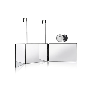 HIEEY 3 Way Mirror for Hair Cutting,360 Trifold Mirror with Height Adjustable Telescoping Hooks,and 5X Magnification,for Makeup, Hair Styling