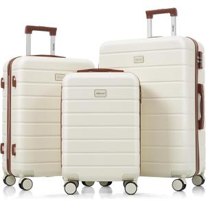 Merax 3 Piece Suitcase Set, Hardside Carry-on, Checked Luggage, Lock, Ivory + ABS, 20/24/28 Inch
