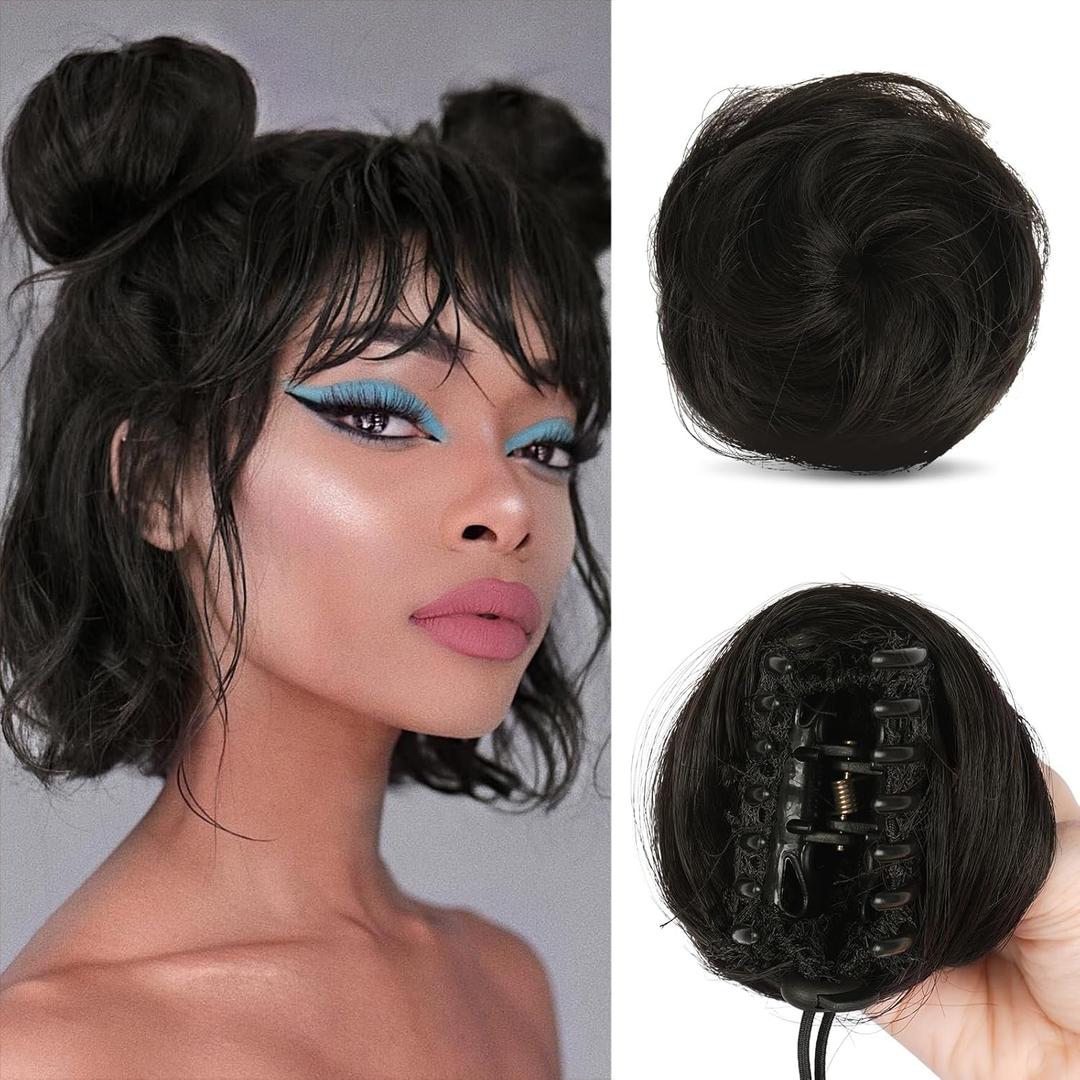 SOFEIYAN 2PCS Mini Claw Clip in Hair Bun Extension Synthetic Wig Accessory Updo Space Bun Hair Messy Cat Ears Hair Bun Pieces for Women, Darkest Brown Tend to Black