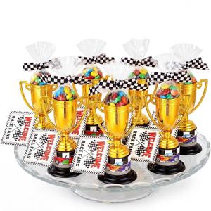Yerliker 99 Pcs Racing Trophy Award Cup Set Gold Trophies Cups Racing Cards Stickers Black White Checkered Ribbon OPP Bags Binding Wire for Car Party Favors Birthday Party Decorations Sports Events