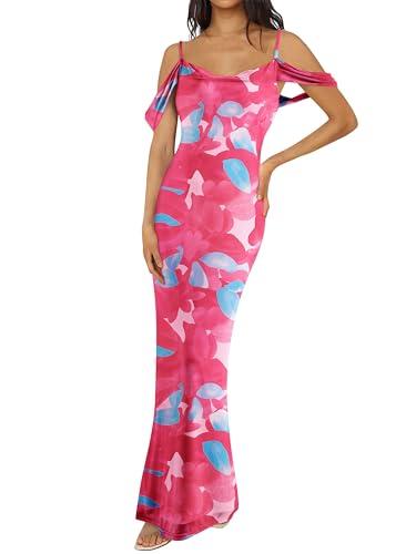 MASCOMODA Spaghetti Strap Long Maxi Dresses for Women 2025 Summer Floral Sexy Bodycon Backless Formal Wedding Guest Dress(Rose Red,Medium)