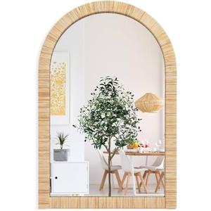 Decorative Rattan Wall Mirror, Boho Bathroom Modern Makeup Mirror, Rustic Wall Bohemia Mirrors for Bedroom, Living Room, Vanity Versatile Farmhouse, Nursery, Bathroom, 36"x24", Arched