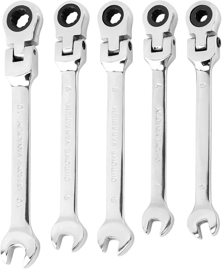 5pcs Flex Head Ratcheting Wrench Set, Metric 6-10mm Spanner Gear Ring Ratcheting Combination Wrenches Kit, Box End and Open End Wrench 180 Head 72-Tooth(COLOR:Silver)