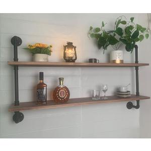 HDDFER Pipe Shelves Industrial Pipe Shelving Real Wood Industrial Floating Shelves with Wood Planks 48 inch Wall Shelves Rustic Hanging Bookshelf Farmhouse Kitchen Bar Shelving (Brown)