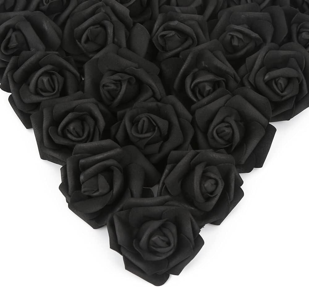IPOPU Artificial Rose Flower Heads, 100 Pcs Real Looking Black Foam Fake Roses for DIY Wedding Baby Shower Centerpieces Arrangements Party Tables Home Decorations (Black, Stemless)