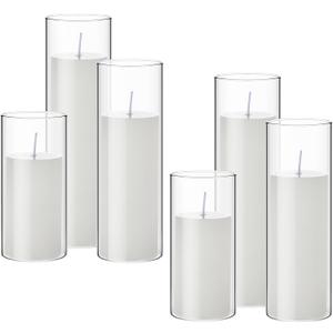 Shihanee Set of 6 Pillar Candles and Glass Cylinder Vases Clear Cylinder CandleHolders for Slim Tall Pillar Candles Wedding Centerpieces (3.4'' X 7", 9.8", 11.8", White)