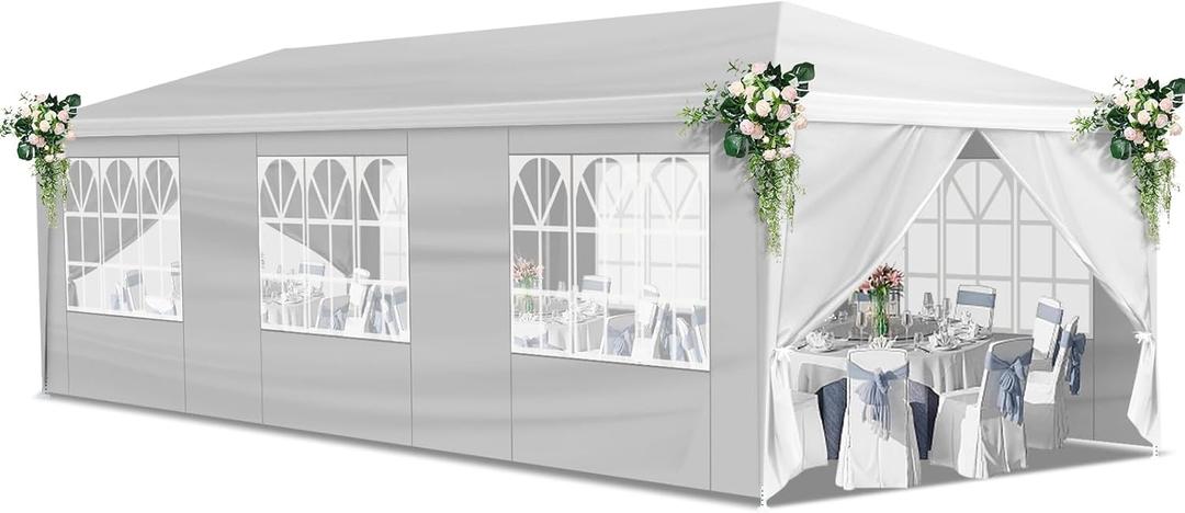 10x30 FT White Canopy Party Tent, Outdoor Waterproof Wedding Canopy with 8 Sidewalls & 2 Zippered Doors for Birthday Parties, Gazebo Shelter for Events&Commercial Use Tent
