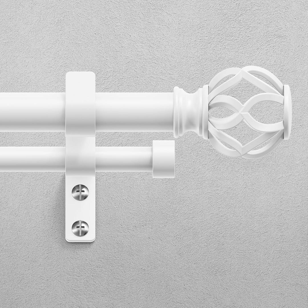 Double Curtain Rod 36-122 Inch, White Long Dual Curtain Rods with Decorative Aluminium Twisted Cage Finial, 1 Inch Adjustable Heavy Duty Telescopic Spliced Window Treatment Rods, All Metal