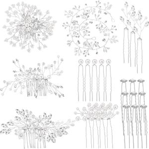 Maitys 44 Pieces Wedding Hair Accessories Faux Pearl Crystal Comb Clips U-shaped Flower Rhinestone Silver Pearl Hair Pieces for Prom Bride Bridesmaid(Delicate Style)