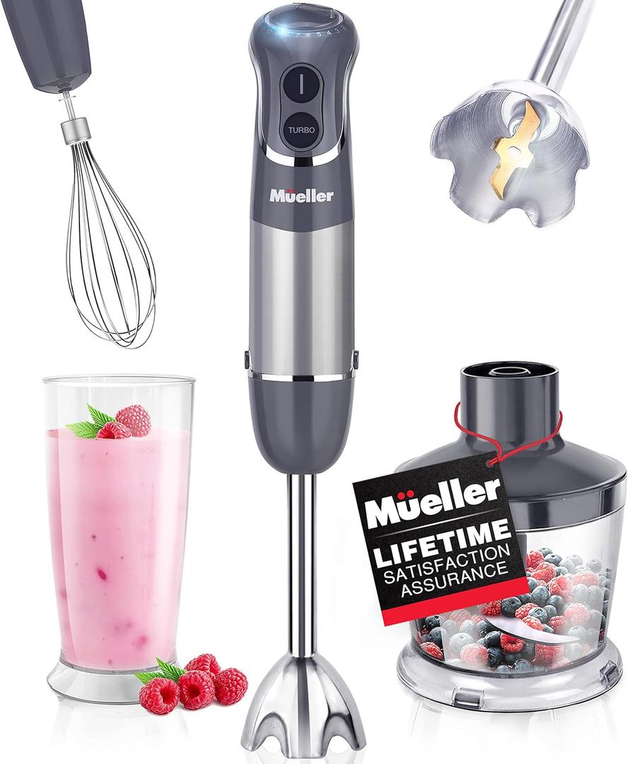 Mueller Multistick 800W 4-in-1 Immersion Blender Handheld, 12 Speed Hand Mixer - Turbo Boost, Heaviest Duty Copper Motor, Titanium Blades Hand Blender, Milk Frother Wand, Whisk, Beaker, Chopper, Grey