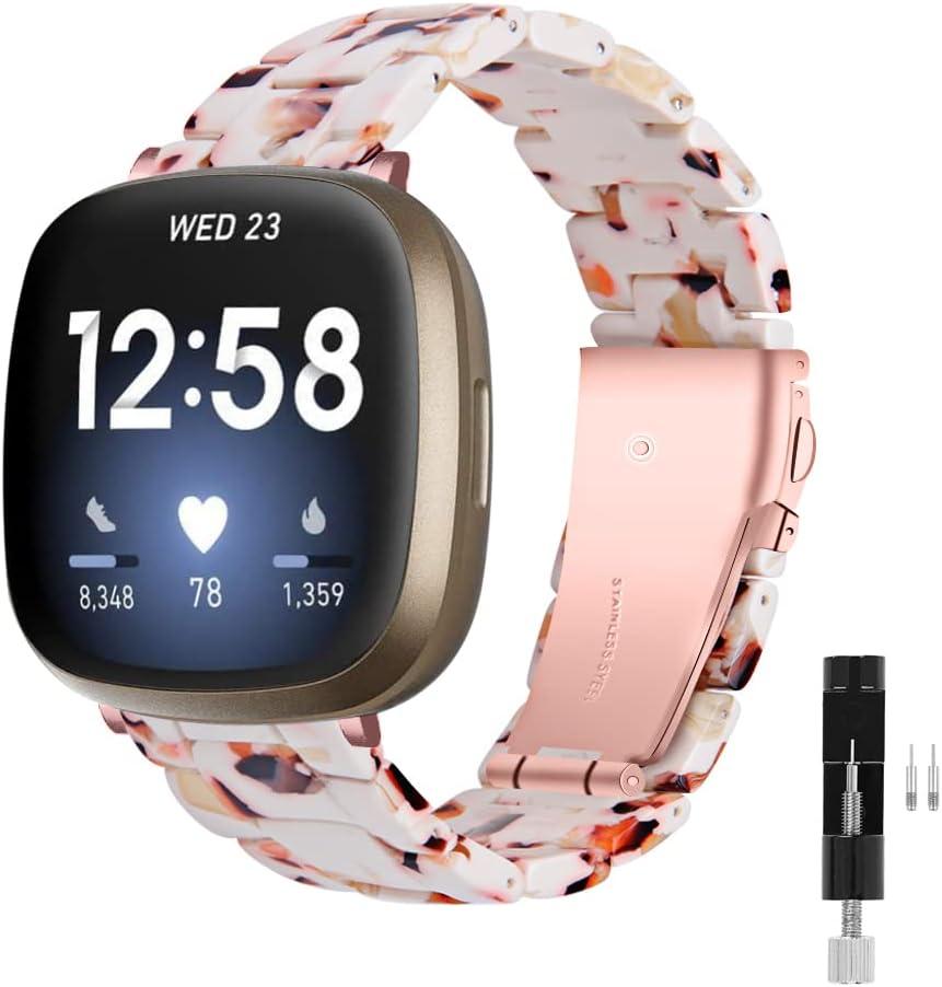 Resin Watch Band Compatible with Fitbit Versa 4/Sense 2/Versa 3/Sense 1, Lightweight Adjustable Fashion Bracelet Wristband Replacement for Women Men with Stainless Metal Buckle
