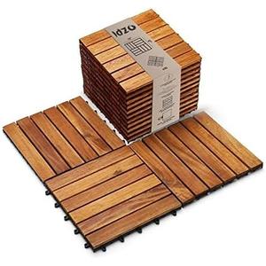 Idzo Interlocking Deck Tiles - 10PCS Waterproof Acacia Wood Patio Floor Tiles for Balcony, Backyard, Indoor and Outdoor Use - Decking Stripe Pattern, Golden Teak, 12 x 12 x 0.9 inches