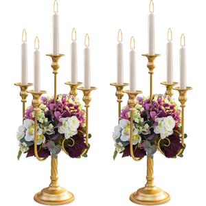 Metal Candelabra Gold Candle Stand 20in Tall, 5-Candle Candlestick Holder for Taper Candles, Candle Holder for Wedding Centerpiece Christmas Valentine Holiday Party Event Reception Decor, 2Pcs