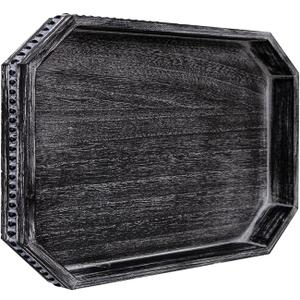Decorative Coffee Table Serving Tray, Long Octagonal Black Wood Tray with Wooden Bead, Farmhouse Big for Ottoman Table, Countertop, Home Decor, 16.5"x13"x1.6" (Retro Black)