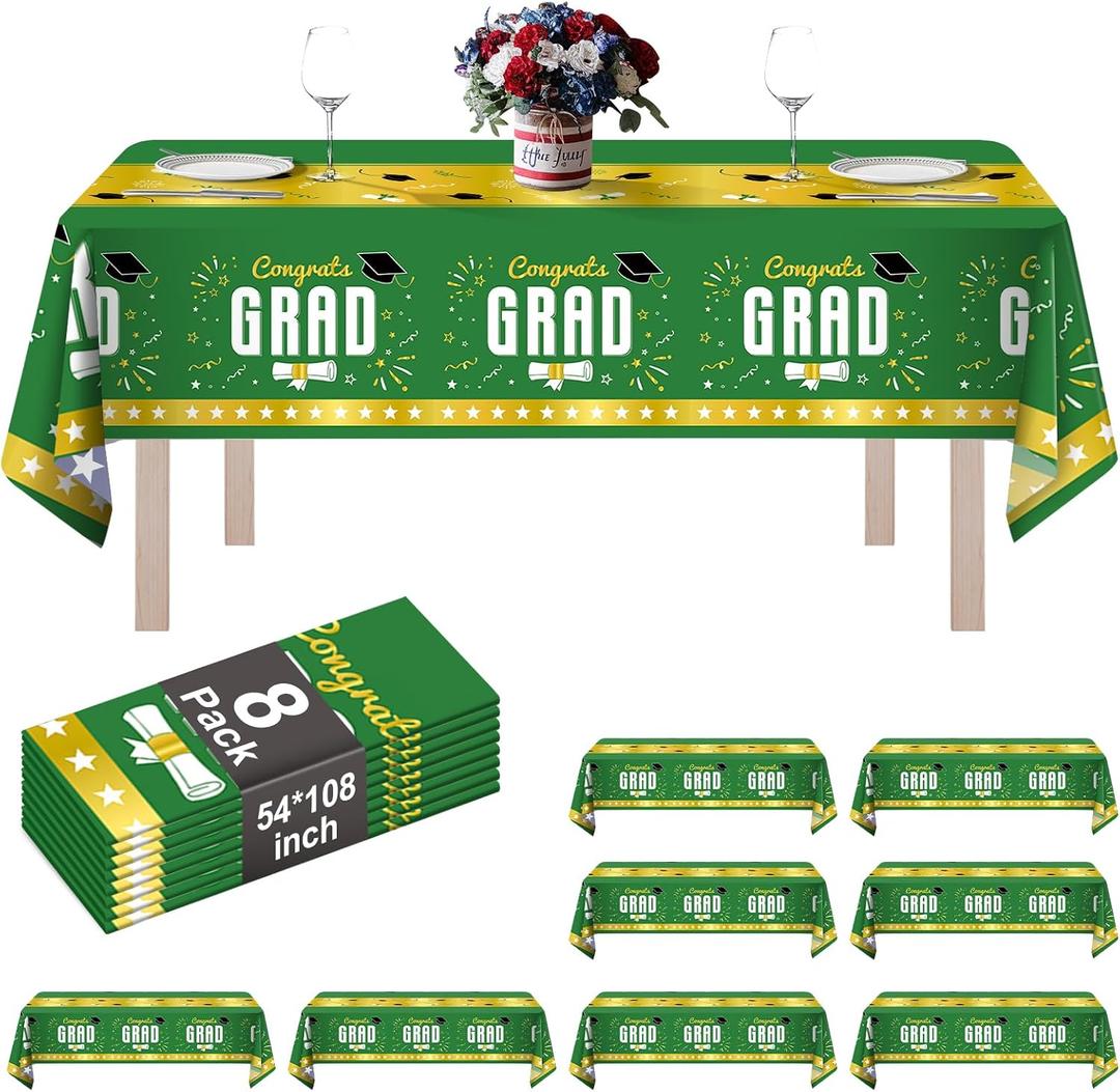 8 Pack Graduation Plastic Tablecloth 54" x 108" Disposable Table Cloths for 6 to 8 Foot Tables Cover for Class of 2026 Parties Decorations Supplies (Graduation Green Gold, Rectangle)