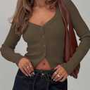 Ribbed Tops for Women Long Sleeve Button Down Shirt V Neck Ligngweight Crop Fitted Cardigan Coffee L (Brown, L)