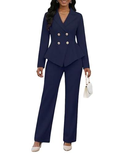 Pant Suits for Women Dressy 2 Piece Double Breasted Peplum Blazer and Wide Leg Pantsuits Business Work Office Outfits Navy Blue, 2XL