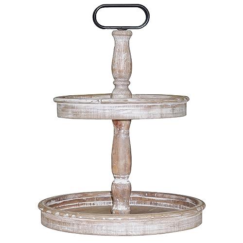 Krismax Decorative Trays - Two Tiered Tray Stand Rustic Decor Farmhouse 2 Tiered Tray Serving Tray Seasonal & Holiday Decoration Wooden Tray