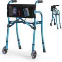 Narrow Walkers for Seniors with Seat, Lightweight Folding Space Saver Mobility Rolling Walker,Height Adjustable Standard Walker with Aluminum Frame, 5-inch Wheels, Compact Travel Walker (Blue)