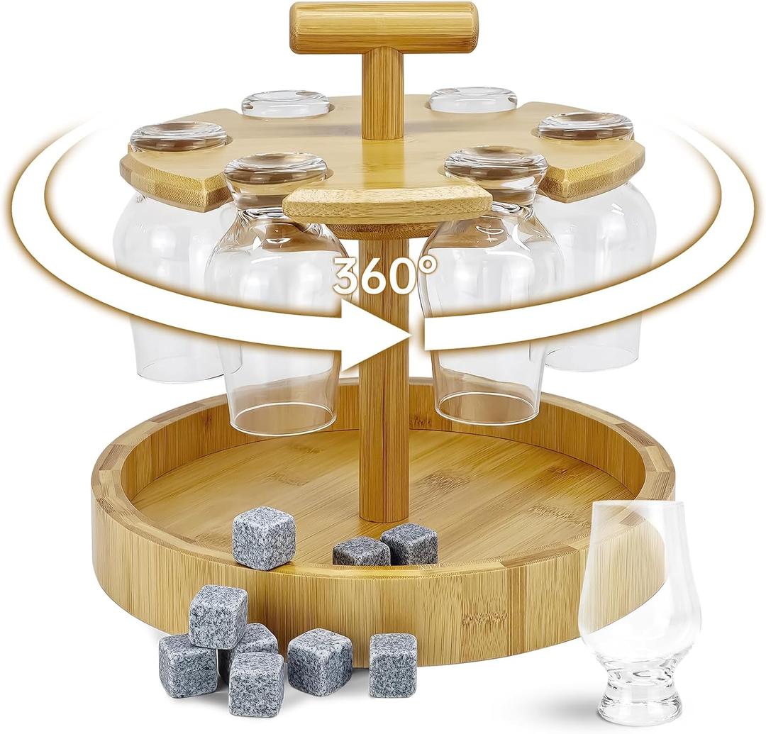 360 Rotating Bamboo Whiskey Glass Rack  Compatible with Glencairn Glasses, 6-Glass Holder with T-Handle and Tray, Premium Lacquered Bamboo Bar Accessory