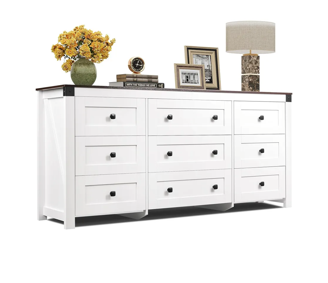 WLIVE Farmhouse Dresser for Bedroom, 63" Wide 9 Drawer Dresser Storage Organizer, Wood Chest of Drawers for Bedroom, TV Stand for 70 inch TV, for Living Room, Hallway, Ball Bearing Slide (White)