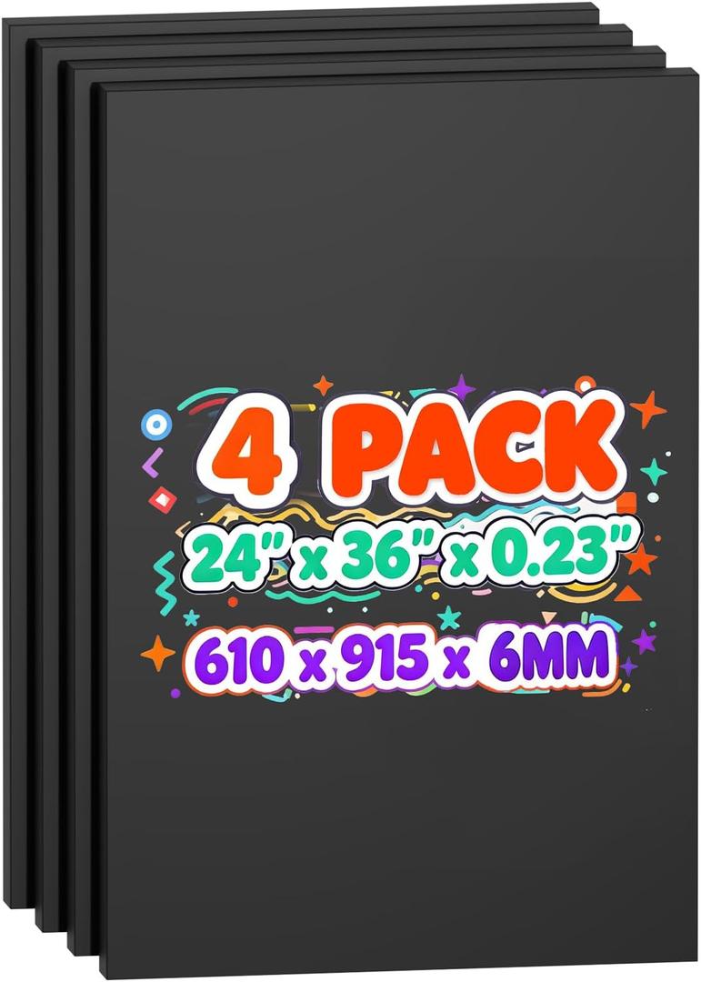 4 Pack Foam Board 24"x36", 0.23 Inch Thickness Black Poster Board, Double-Sided Acid-Free Foam Core Board, Large Lightweight Polystyrene Mat Board for Painting, Display, Craft & School Projects