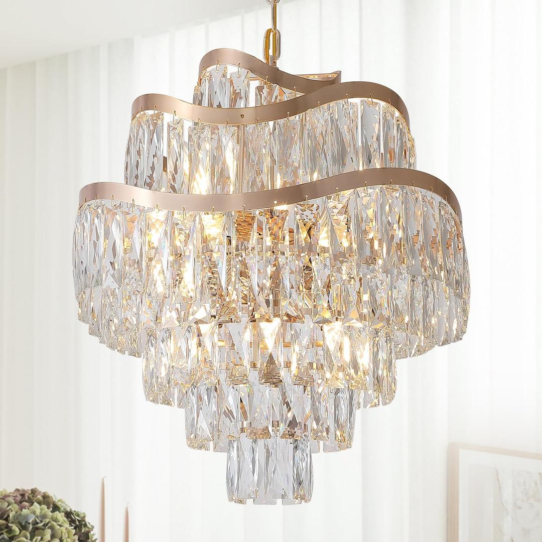 12 Lights 7-Tier K9 Crystal Gold Chandelier 20" Modern Pendant Chandelier Lighting Crystal Light Fixtures for Living Room Dining Room Bedroom Kitchen Foyer Entryway, E12