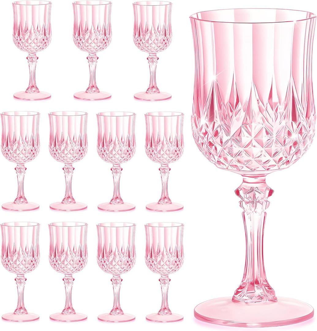 7OZ Plastic Wine Glasses, Reusable Vintage Goblets Unbreakable Drinking Glasses Crystal Water Cups Champagne for Wedding, Parties, Mother's Day (12, Pink)