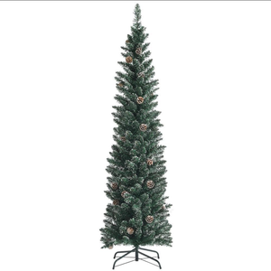 Goplus 6ft Artificial Pencil Christmas Tree, Snow Flocked Slim Xmas Tree W/ 31 Pine Cones, Folding Metal Stand, 267 PVC Branch Tips, Snowy Pine Tree for Home Office Indoor Décor