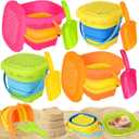 OCHIDO 4 Pack Collapsible Beach Toys for Kids Toddlers, Sand Toys with 4 Collapsible Beach Bucket with Sifter, 4 Beach Shovel and Storage Mesh Bag, Travel Sandbox Toys Beach Essentials for Age 3-10