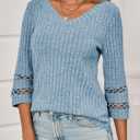 Tankaneo Womens 3/4 Length Sleeve Lace Tops V Neck Dressy Casual T-Shirt 2025 Ribbed Fall Tee Blouse