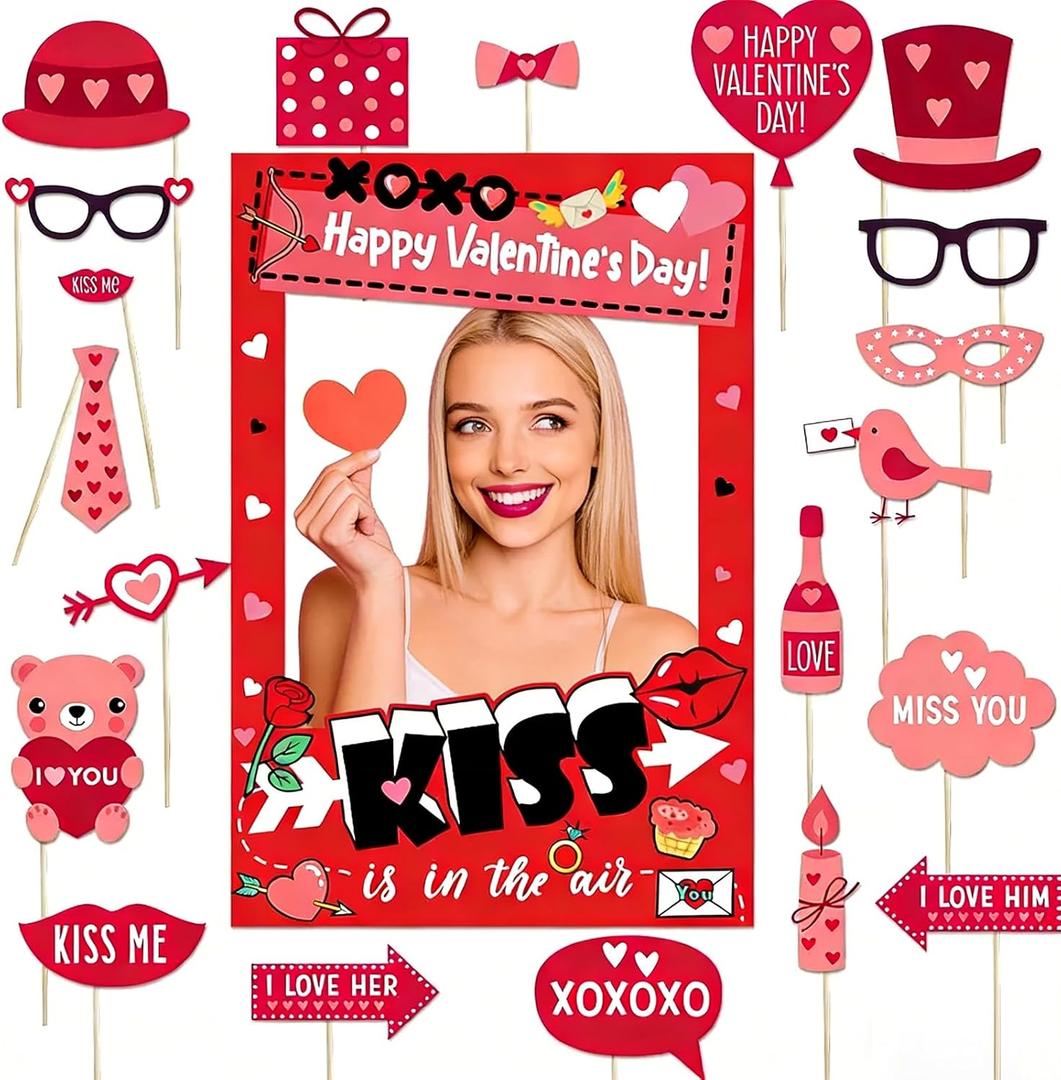 Valentines Day Photo Booth Props Frame, Love Heart Kiss Selfie Photobooth Props, Happy Valentines Day Photo Props for Wedding, Anniversary & Party Decorations