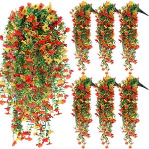 3 Pcs Artificial Fall Hanging Flowers Outdoor Silk Mum Plants Autumn Decor Faux Violet with Eucalyptus Realistic UV Resistant Trailing Vine Thanksgiving Porch Yard(Bright Color,Violet)