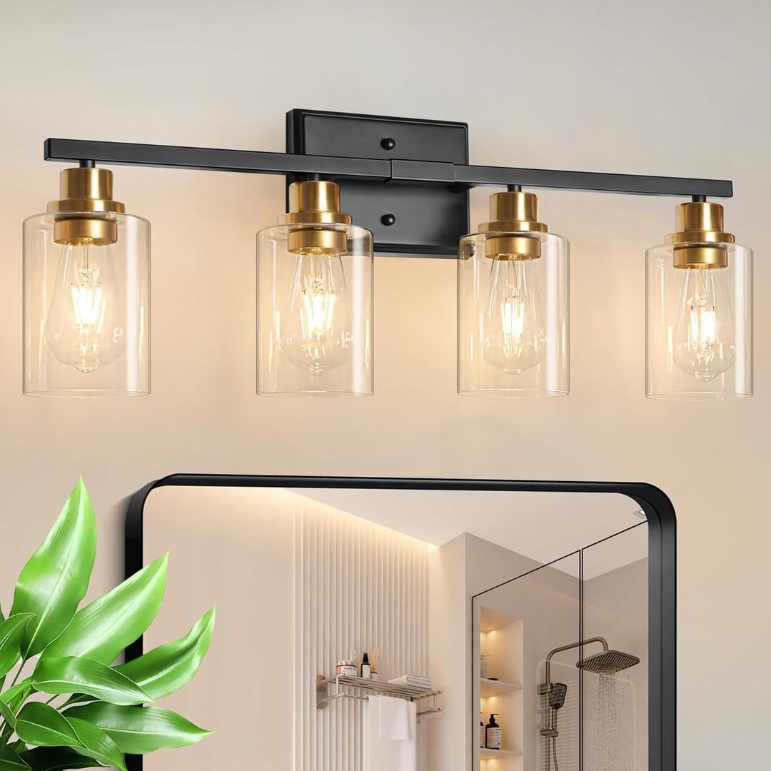 Unicozin Modern Bathroom Light Fixtures, 4 Light Vanity Lights Over Mirror, Black and Gold Wall Lamp with Clear Glass for Living Room Cabinet Bedroom Porch